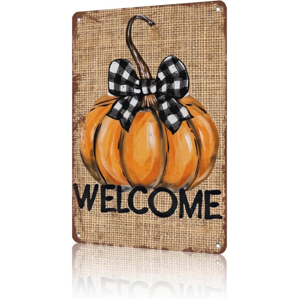 Fall Pumpkin Metal Sign Autumn Thanksgiving Welcome Tin Sign Harvest Plaid Garde